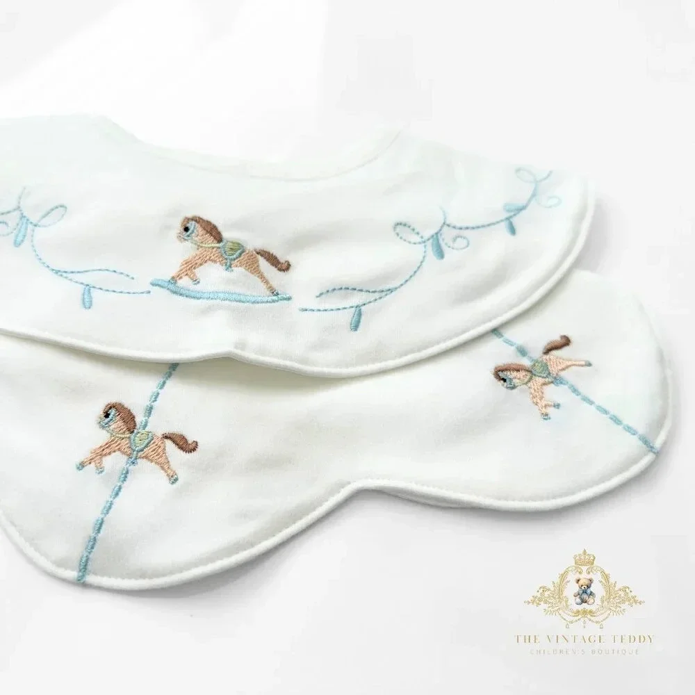 NWT Lovely Boutique Embroidered Baby Bibs Rocking /Carousel Horse & Toy Gift Set